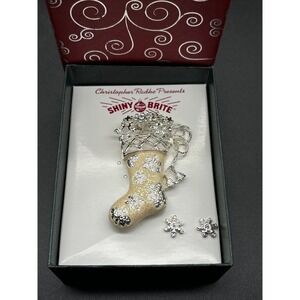 Christopher Radko shiny Brite stocking pin brooch and matching earrings